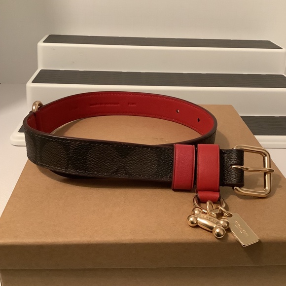 COACH Brown & Apple Red Signature Dog Collar Sz Small 9.5” - 11.5” BNWT - Picture 5 of 8